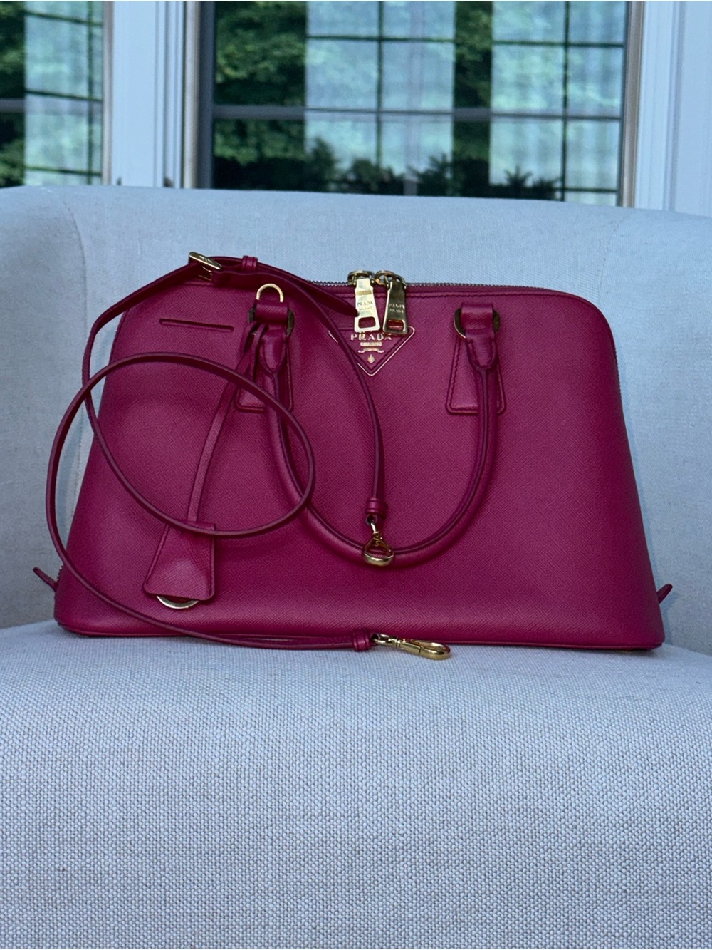 Prada Saffiano Promenade Satchel in Berry Pink with Gold Hardware